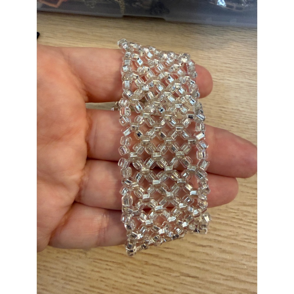 Vintage Style Clear‎ Silver Beaded Lattice Cuff Bracelet Wide Bridal Statement